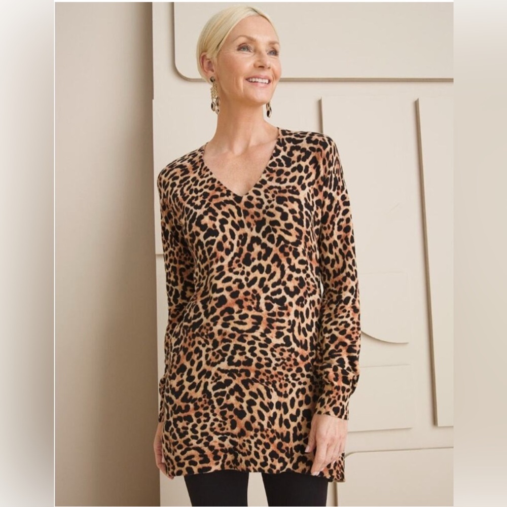 Chico’s Animal Print Cashmere Blend V Neck Tunic Sweater Top Size 2 (Large)